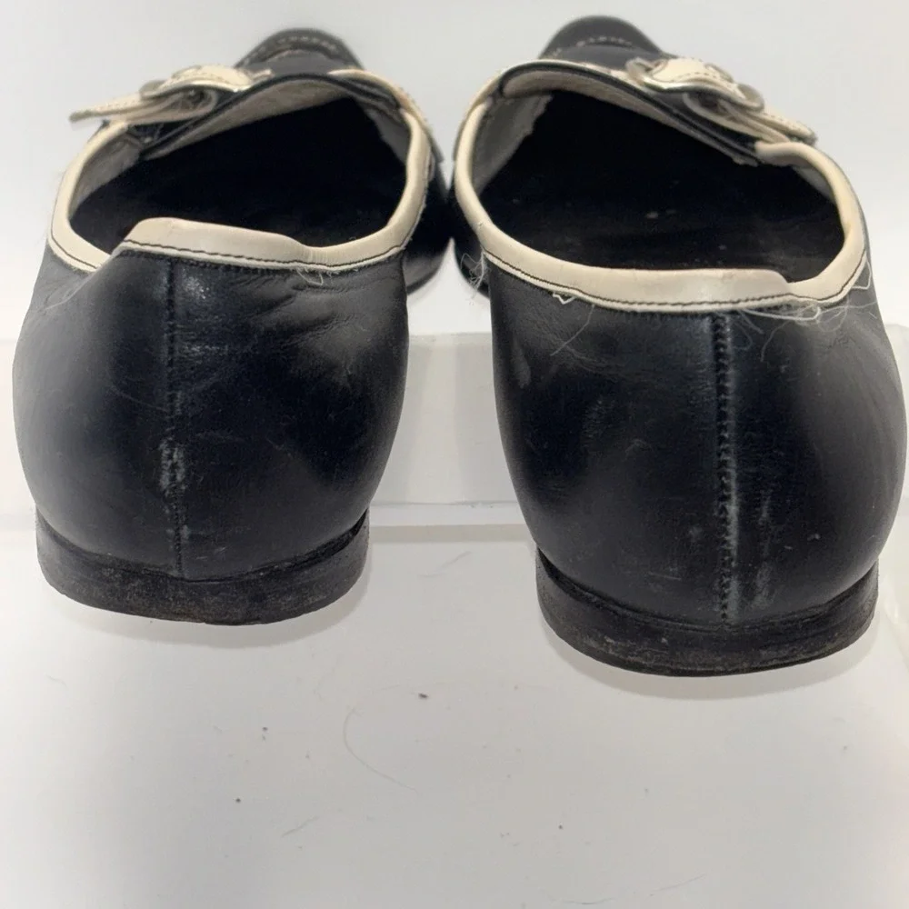 Vintage Coach Black Leather Buckle Loafers White Trim‎ Flats Size 8 B Italy